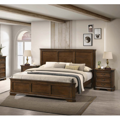 Traditional Wood Bedroom Set With Panel Bed And Two Nightstands