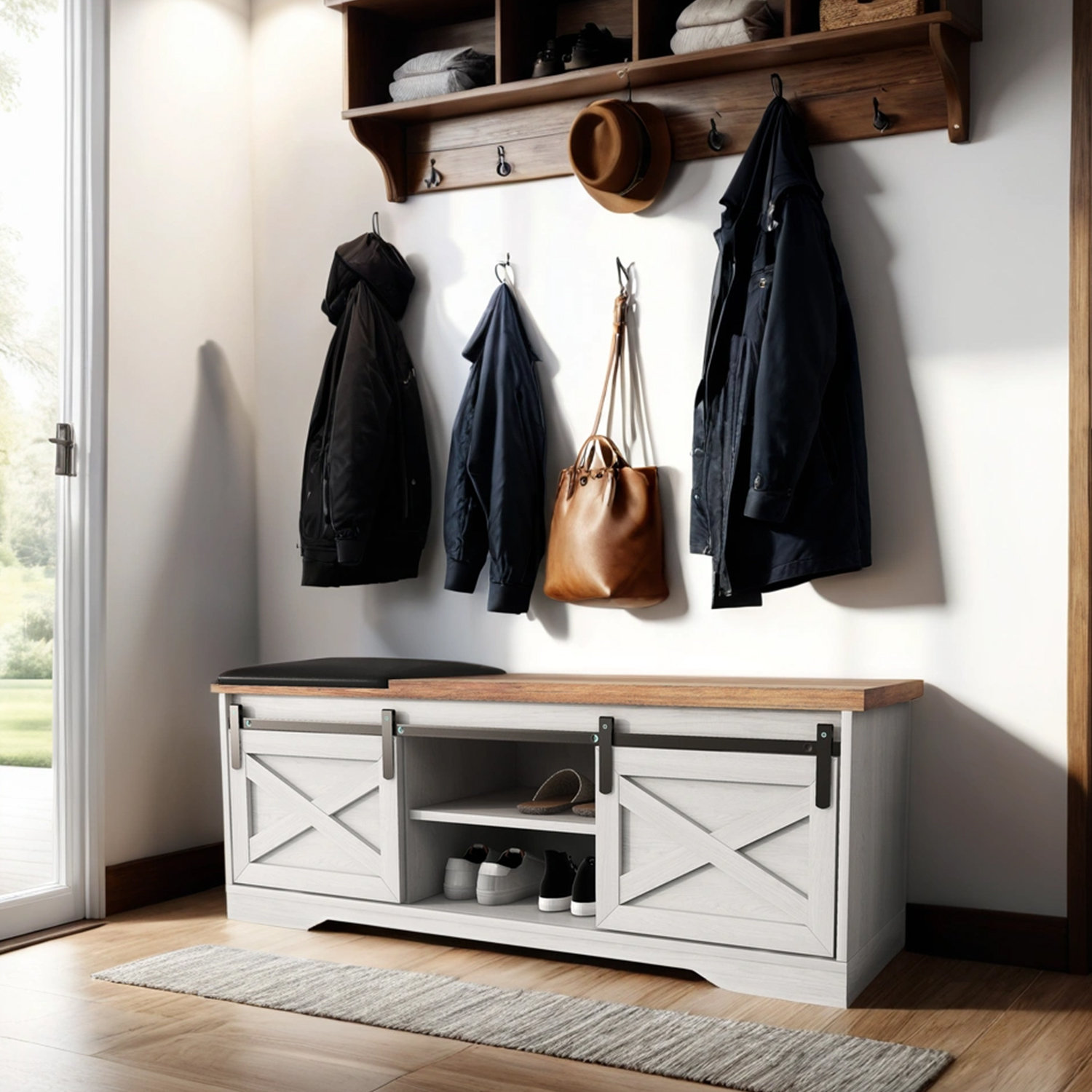 Gracie Oaks Saylah Faux Leather Upholstered Bench, Storage Bench, Entryway Shoe Bench White