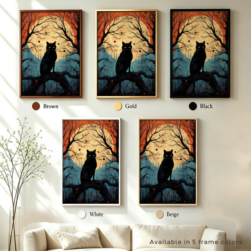 Chat noir d'Halloween aux yeux brillants dans une forêt orange, tableau sur toile encadré, cadre doré, 50 x 75 cm, 20x30