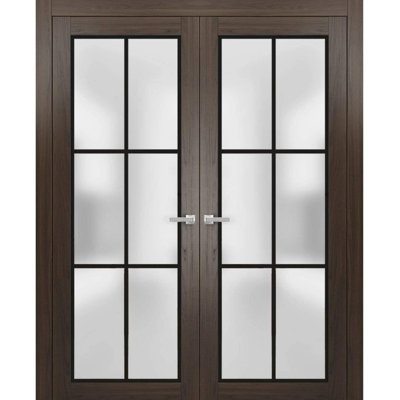 Solid French Double Doors 36 x 80 inches Planum 2122 Chocolate Ash Frosted Glass Wood Solid Panel Frame Trims Closet Bedroom Sturdy Doors