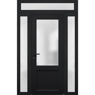 Façade extérieure en verre givré pré-monté Fibre de verre givré / Manux 8422 noir mat / 2 portes latérales et supérieures extérieures / bureau Portes d'entrée de garage et de garage résidentielles-W14 + 36 + 14 po x H80 + 14 po -Ins droite