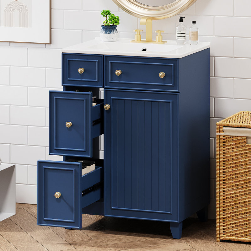 Meuble-lavabo de salle de bain 24 po. Évier en céramique. Rangement généreux. 2 tiroirs, 1 porte. Blanc. Armoire facile à assembler pour économiser de l'espace. Tiroirs et autres. Blanc