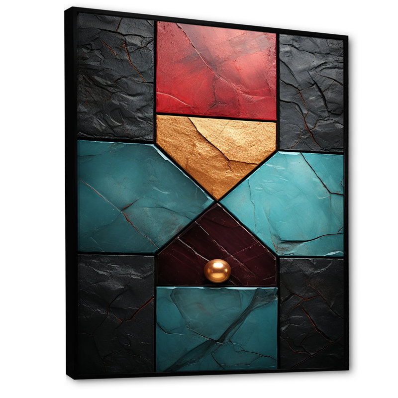 Carreaux à chevrons bleus et rouges Elegance I - art mural abstrait, H 32 po x l 24 po x P 1 po, Cadre flottant noir