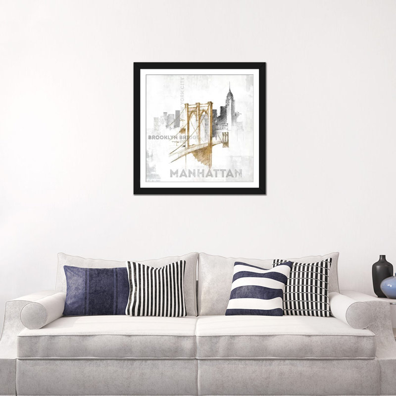 « brooklyn bridge », art textuel sur toile tendue, H 24 po x l 24 po x P 1 po, Papier d'art encadré noir, Blanc