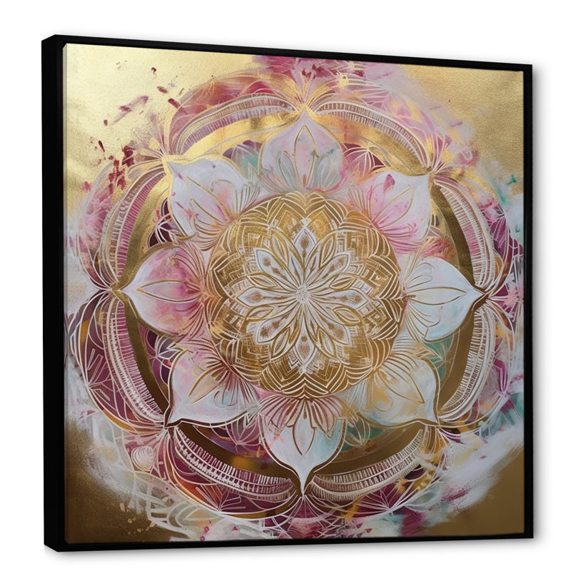 Mandala doré rose II sur toile, H 36 po x l 36 po x P 1,5 po, Cadre flottant noir