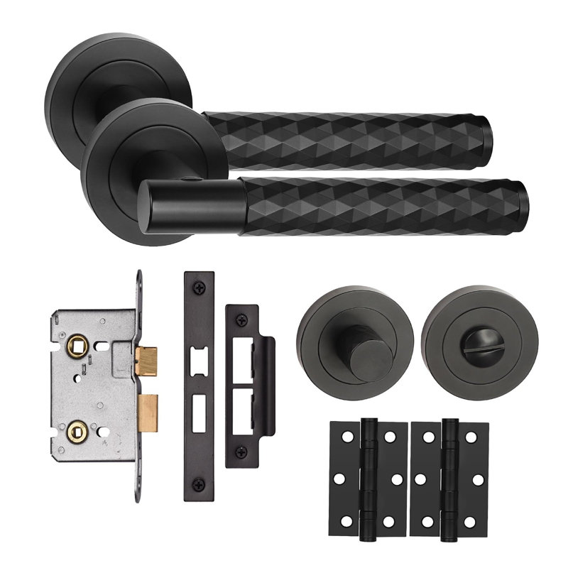 Golden Grace Knurled Diamond Cut T-Bar Bathroom Door Handle Set with Matching Key Hole Escutcheon