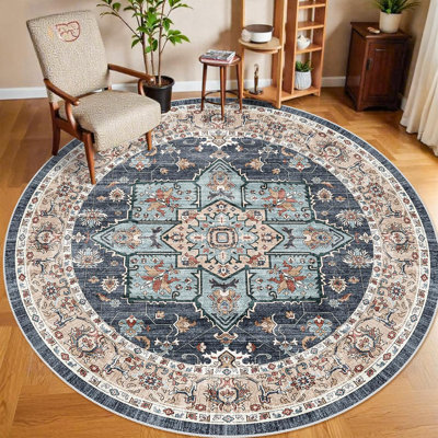 Washable Oriental Area Rug - Rugs for Living Room Soft Carpet for Bedroom Waterproof Floral Distressed Indoor Stain Resistant Non-Shedding Floor Carpets (Blue/Teal/Orange)