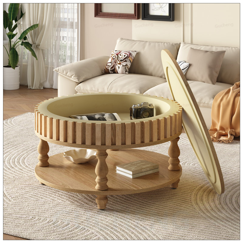 Table basse à cannelures avec rangement Mid-Century, Naturel