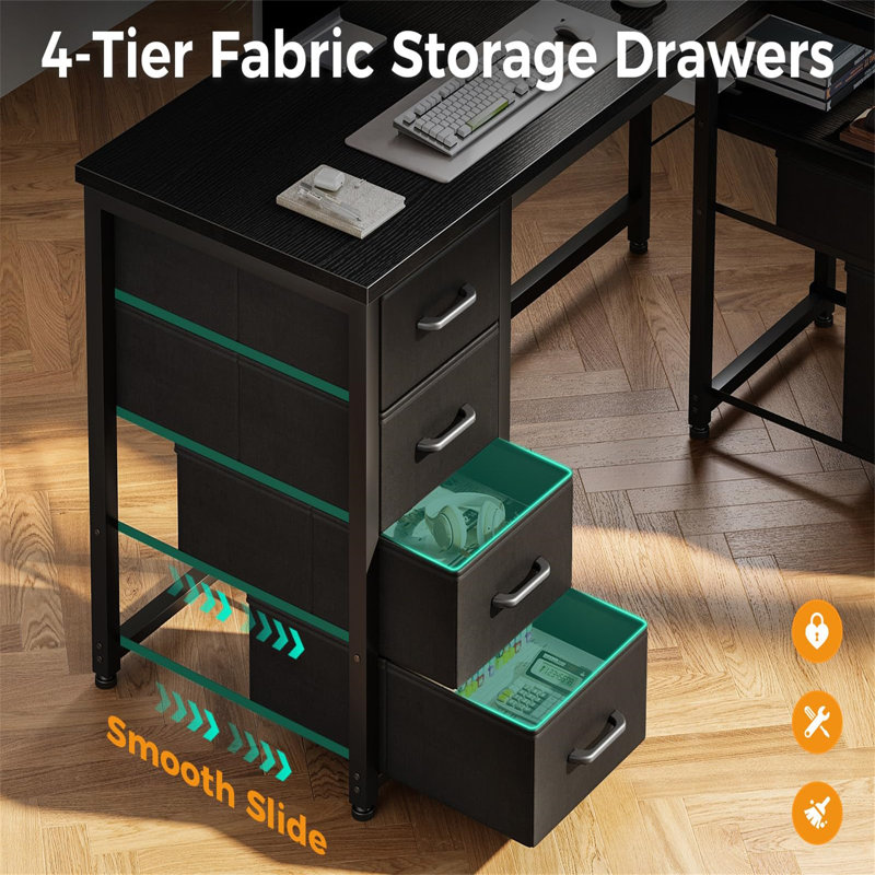 Corner Computer Desk With 1 Filing Cabinet And 5 Linen Drawers, L-Shaped Desk With Power Outlets, Black