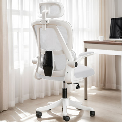 XUEGW High Back Mesh Office Chair with Adjustable Headrest Flip Up Armrests Lumbar Support, White