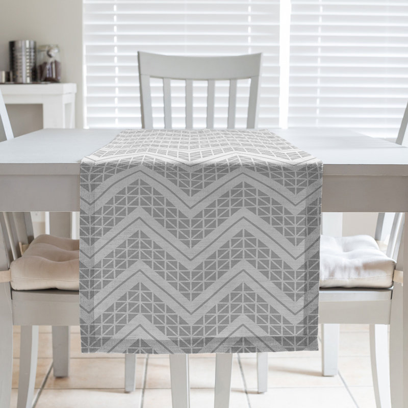 Stephenie Classic Hand Drawn Chevron Table Runner, 16" x 90", Light Gray/White