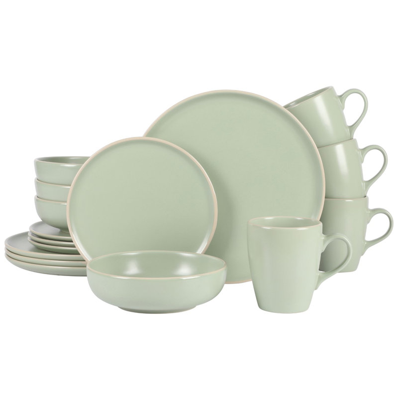 Gibson Home Serenade 16 Piece Matte Stoneware Dinnerware Plates and Bowls Set – Matte Mint Blue