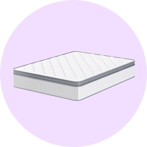 A white pillow-top mattress with gray trim set against a circular lavender background.