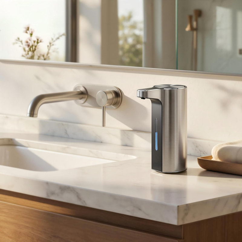 Distributeur de savon liquide automatique sans contact de 400 ml (13,5 oz liq.), distributeur de savon pour les mains et la vaisselle rechargeable pour la salle de bain et la cuisine, étanche, contrôle du volume réglable, (acier inoxydable)