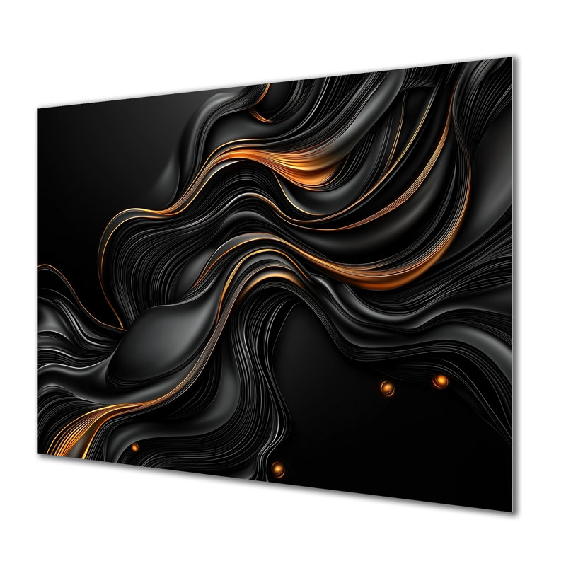 Quantum noir et feuilles dorées II - art mural fractal en métal, impression moderne sur métal, H 12 po x l 20 po