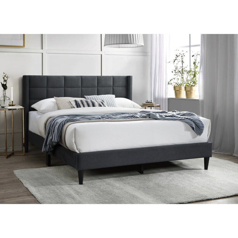 Modern Bedroom Queen Bed, Charcoal Color, Linen Upholstered Platform Bed With Headboard In Charcoal, Space Saving Design