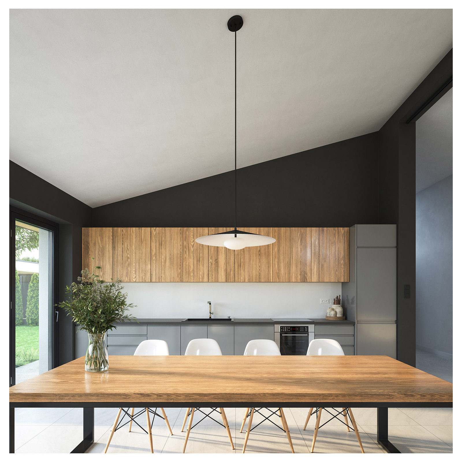 Cruz Single Light Glass Dimmable Pendant, Black/White