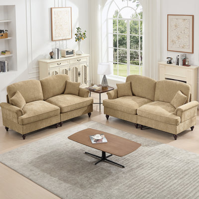 Classic 2 Piece Modular Couch Set With Removable Ruffles, Flared Arms, And Spindle Legs For Elegant Living Room Seating