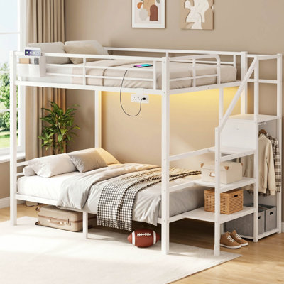 Full Over Full Metal Bunk Bed with Storage Staircase and Movable Charging Station