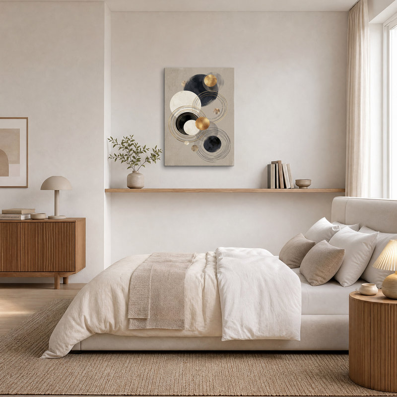 Cercles de marbre doré et noir sur toile beige, H 36 po x l 24 po