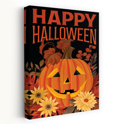 Happy Halloween Jack O'lantern - Contemporary Jackolantern Pumpkin Sunflowers Art