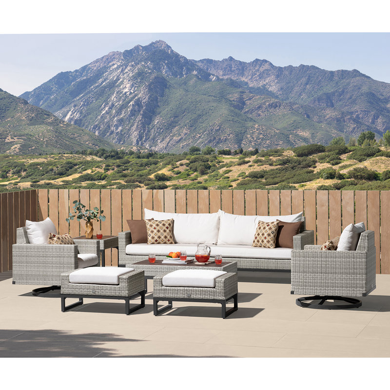 8 Piece Motion Deep Seating Patio Conversation Set, Gray, Centered Ink Stripe Sunbrella®