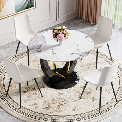 Modern 4‑Seat Round Dining Table Set – Tempered Glass Top Dining Table and Chairs, Stylish Kitchen & Dining Room Set