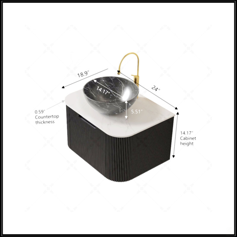 Meuble-lavabo flottant mural de 24 po avec lavabo, armoire de rangement rayée et lavabo en céramique noire pré-assemblé, 24"
