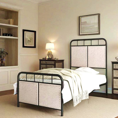 Twin Size Linen Upholstered Platform Metal Bed Frame With Fabric Headboard And Footboard