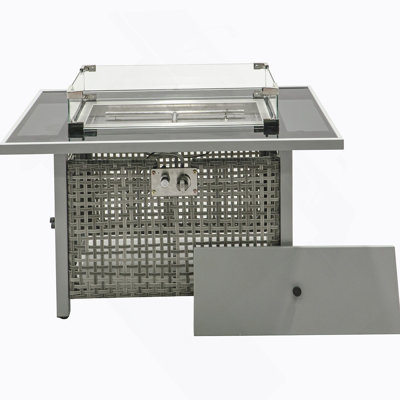 Foyer de table 43 po au gaz propane, foyer d'extérieur rectangulaire en osier à tissage ouvert de 60000 BTU avec pare-vent en verre pour terrasse extérieure - gris