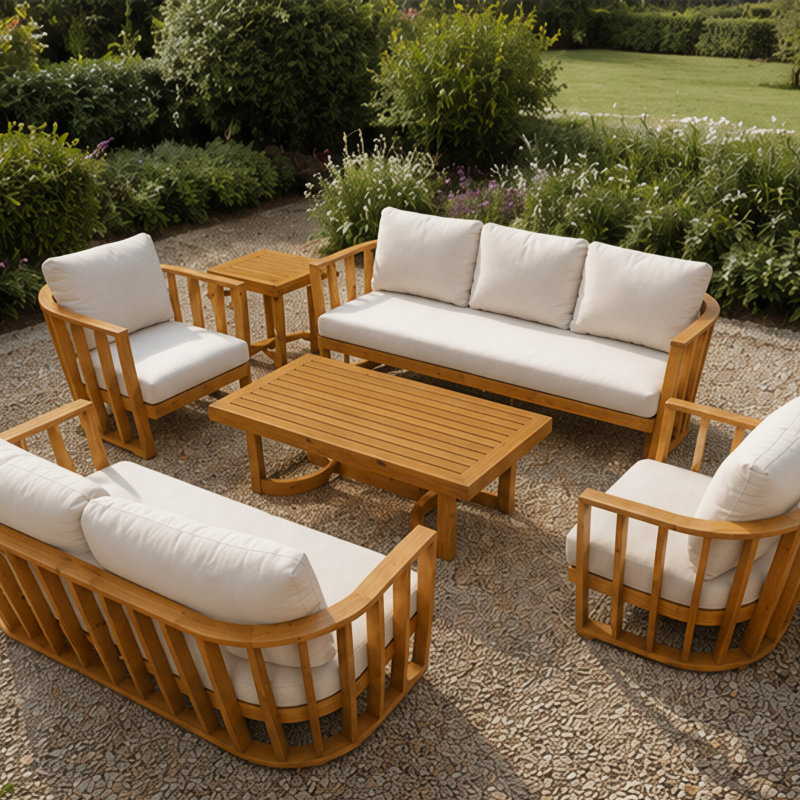Ensemble de conversation d'extérieur en bois d'acacia avec coussins 5 pièces Helga