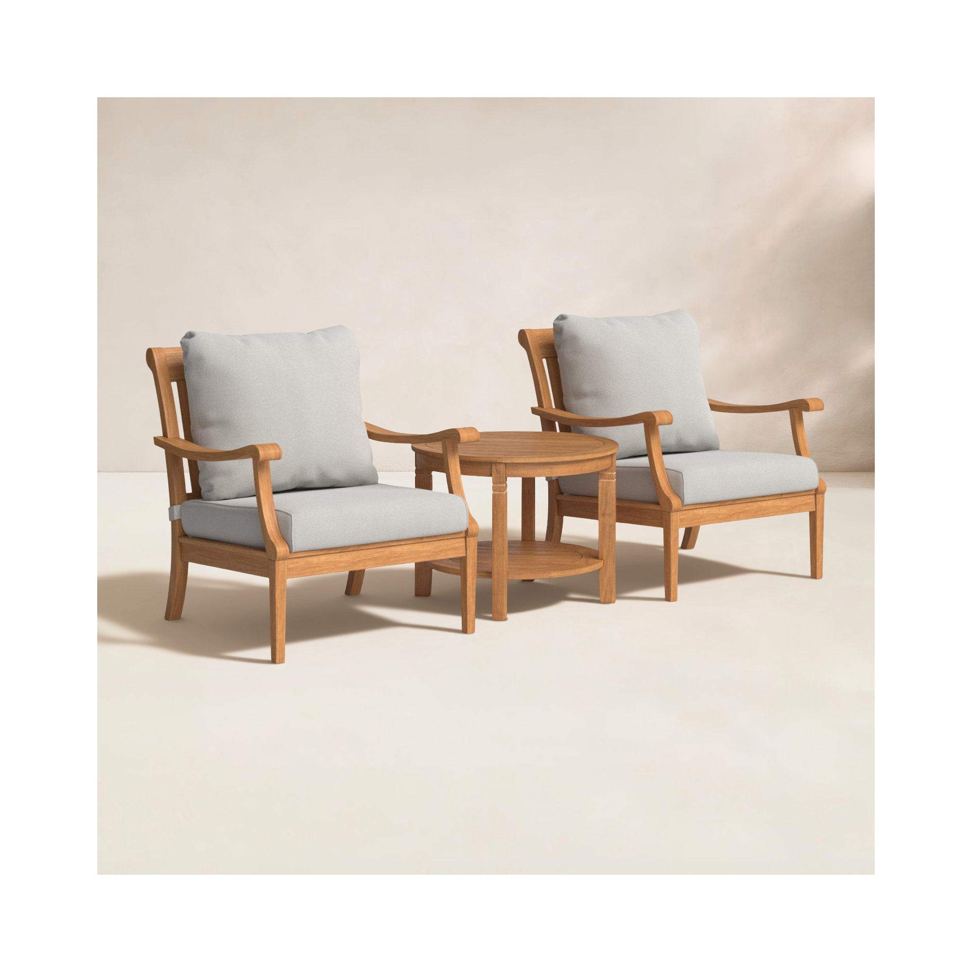 Arizona 2-Person 3-Piece Teak Patio Conversation Set with Cushions, 24", Natural