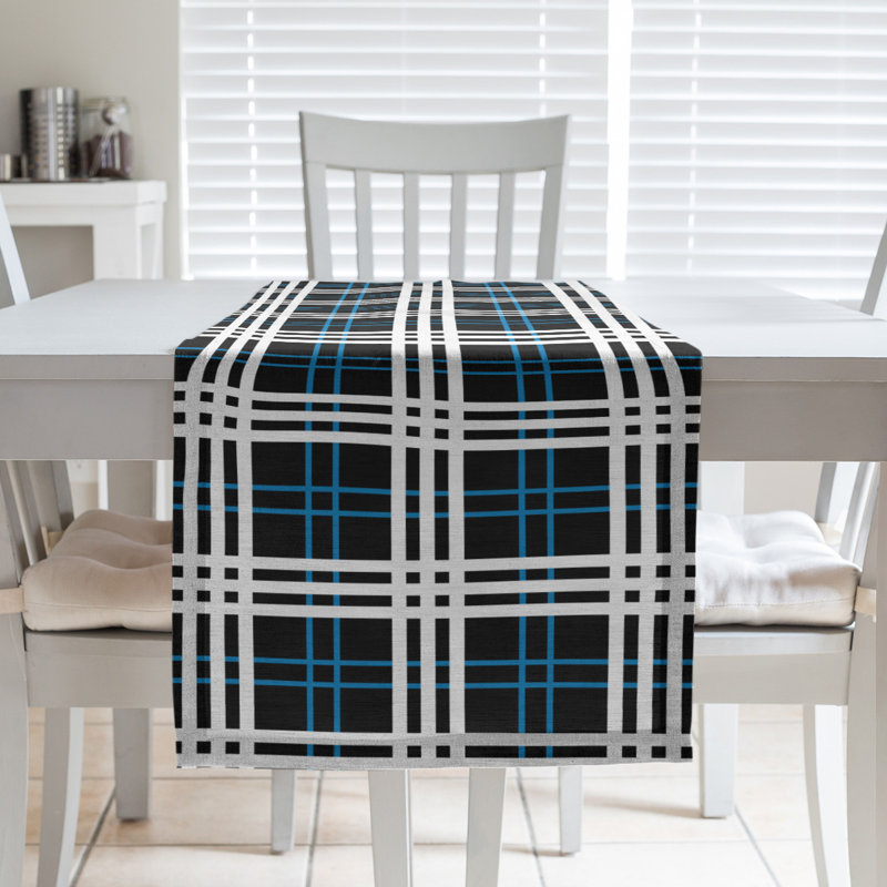 Paid Polyester Table Runner, 72" L x 16" W, Black/Honolulu Blue/White