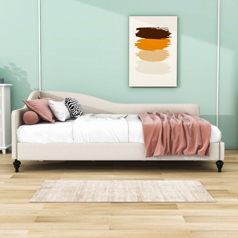 Wood Upholstered Daybed with Legs and Backrest, Beige, Full