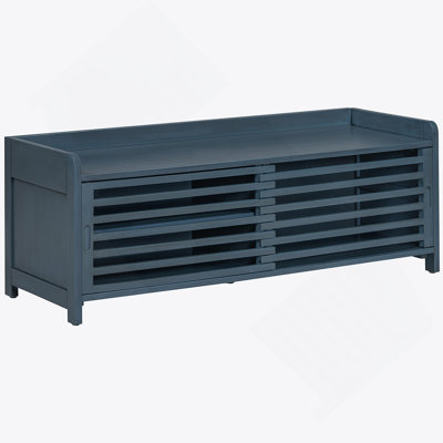 Distressed Shutter Storage Bench With Acacia Veneer For Retro Charm For Living Room, Entryway (Navy)