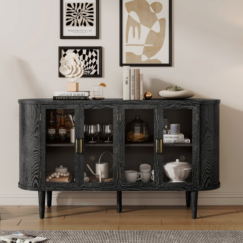 Farmhouse Sideboard Cabinet With Storage, Wood Buffet Cabinet With Glass Doors And Adjustable Shelves For Kitchen, Dining Room And Living Room (Black)