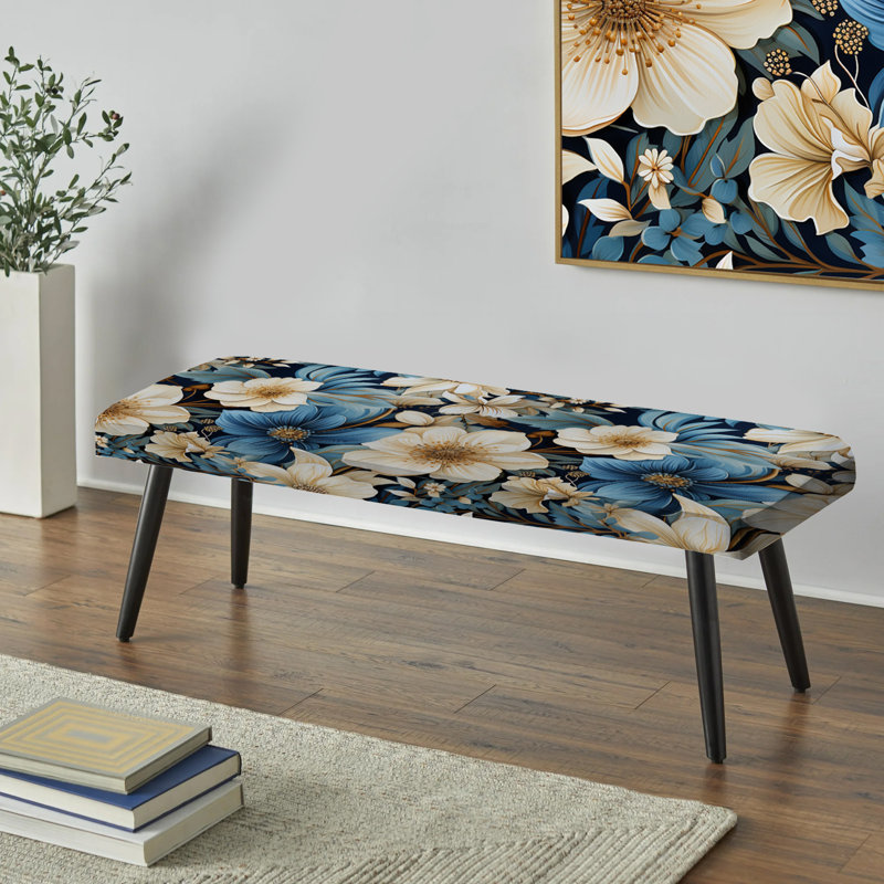 Banc rembourré floral noir, Retraite de fleurs bleues et blanches