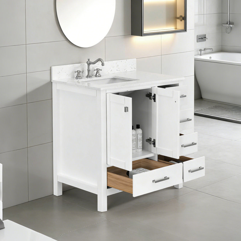Meuble-lavabo sur pied 36 po avec lavabo, armoire de rangement en bois massif, White