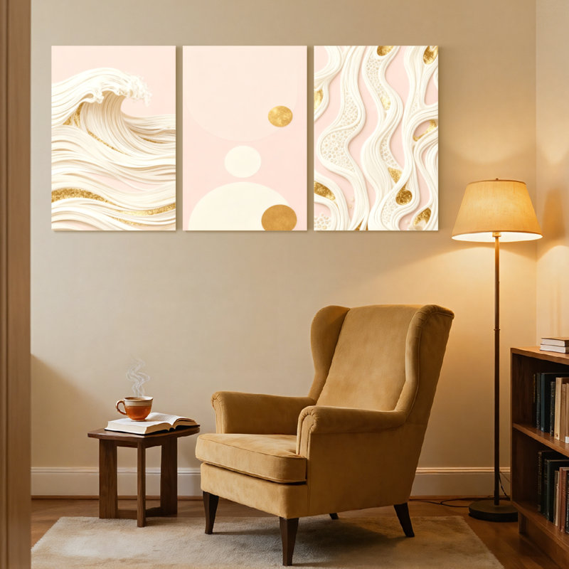 Motif de vagues abstraites avec accents dorés et cercles abstraits, ensemble de 3 impressions sur toile, H 24 po x l 48 po