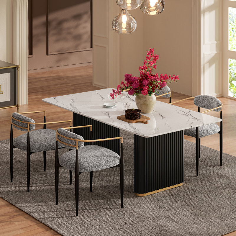 Ensemble de table de salle à manger à double piédestal Velora, Ensemble de cinq pièces : table, quatre chaises, Gris