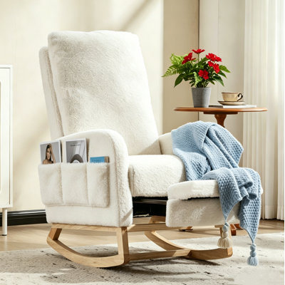 Solid Wood Rocking Chair With High Back & Side Pocket And Footrest, Teddy Upholstered, Nursery Glider For Living Room, Bedroom， White