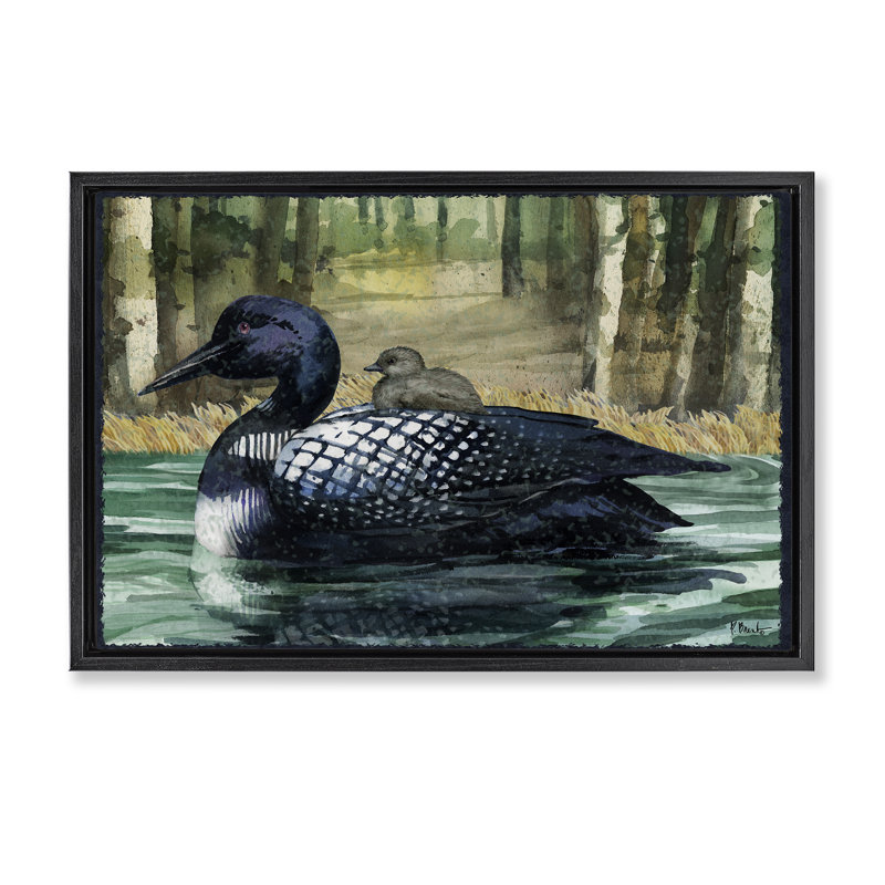 Huard avec bébé sur un cadre flottant, conception de Paul Brent, Cadre flottant noir de jais, H 21 po x l 31 po