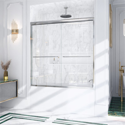 Porte de douche coulissante double semi-sans cadre l 56 "à H 60" x H 60 ", porte de douche à dérivation, porte en verre trempé épais de 1/4" (6mm) de style GSC, chrome