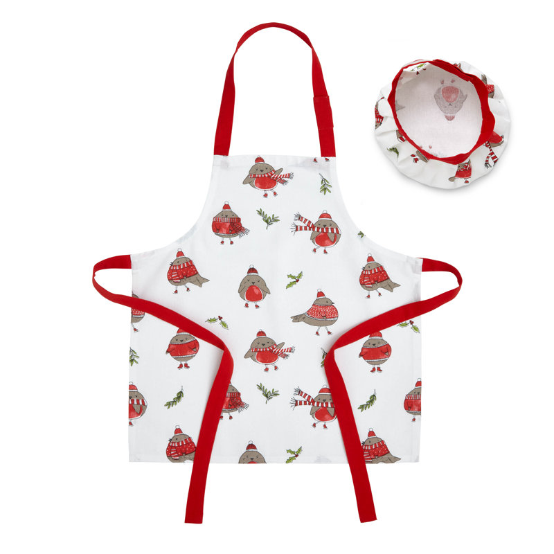 Christmas Robins 100% Cotton Kids Apron & Hat Set White Red