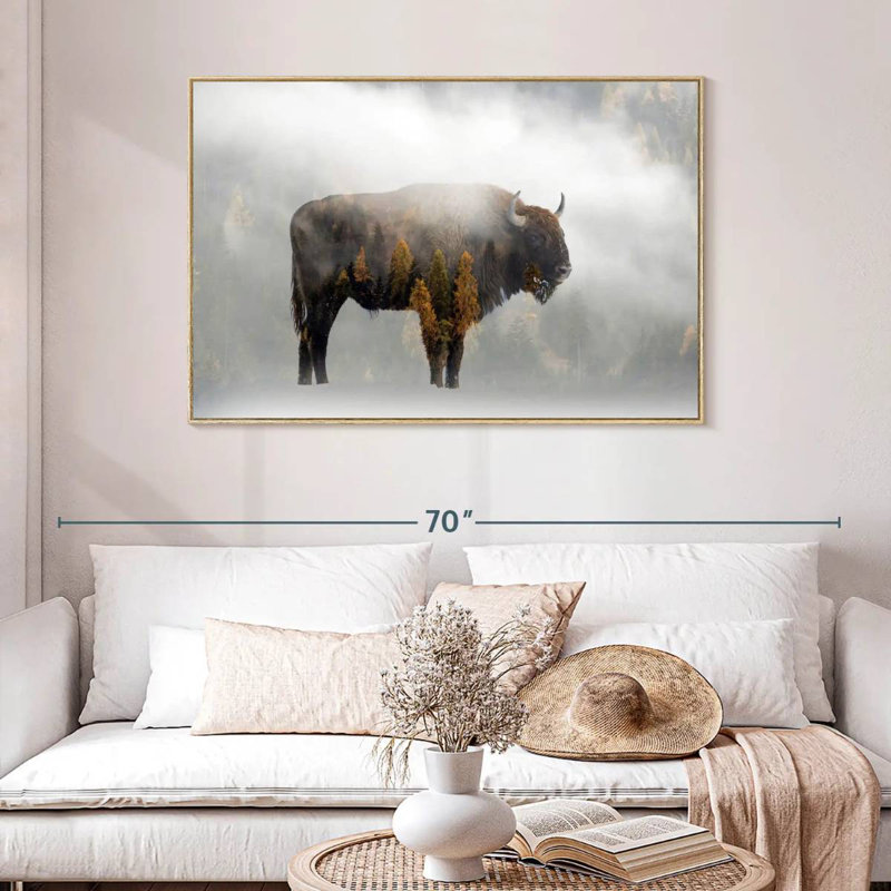 Bison de la forêt de pins, Cadre flottant en bois naturel, 46 po x 31 po