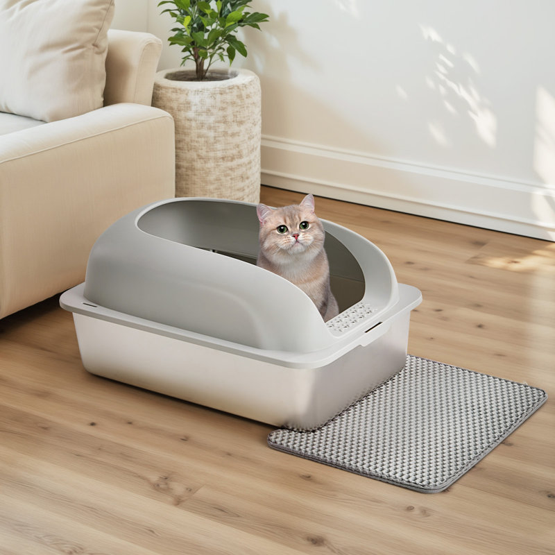 Litière pour chat en acier inoxydable avec couvercle, pelle et tapis, L 24 po x l 15,8 po x H 11,8 po, Gris clair