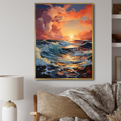 Orange, bleu sarcelle, vagues côtières I - impression