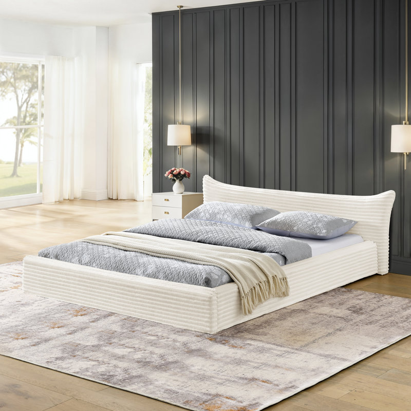 Queen Size Upholstered Bed Frame With Curved Headboard, No Box Spring Required, Beige