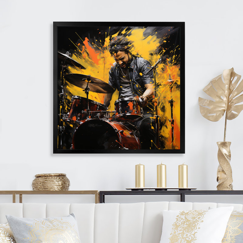 «Music Drummers Groove an I», reproduction, H 36 po x l 36 po x P 1,5 po, Cadre simple noir