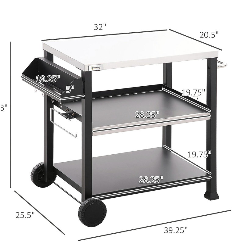 Outsunny Three-Shelf Outdoor Grill Cart with Stainless Steel Tabletop, Side Handle, 32" x 20.5" Multifunctional Pizza Oven Stand, Movable Food Prep Table on Wheels, Black